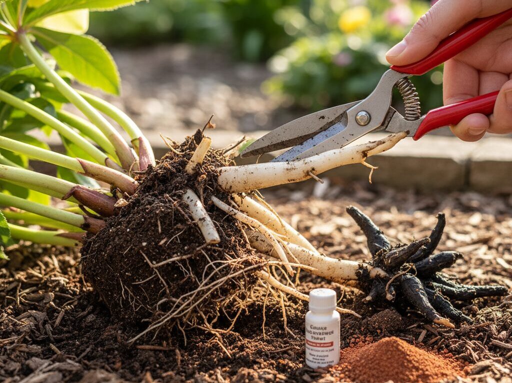 掘り上げた根の整理と腐敗カット